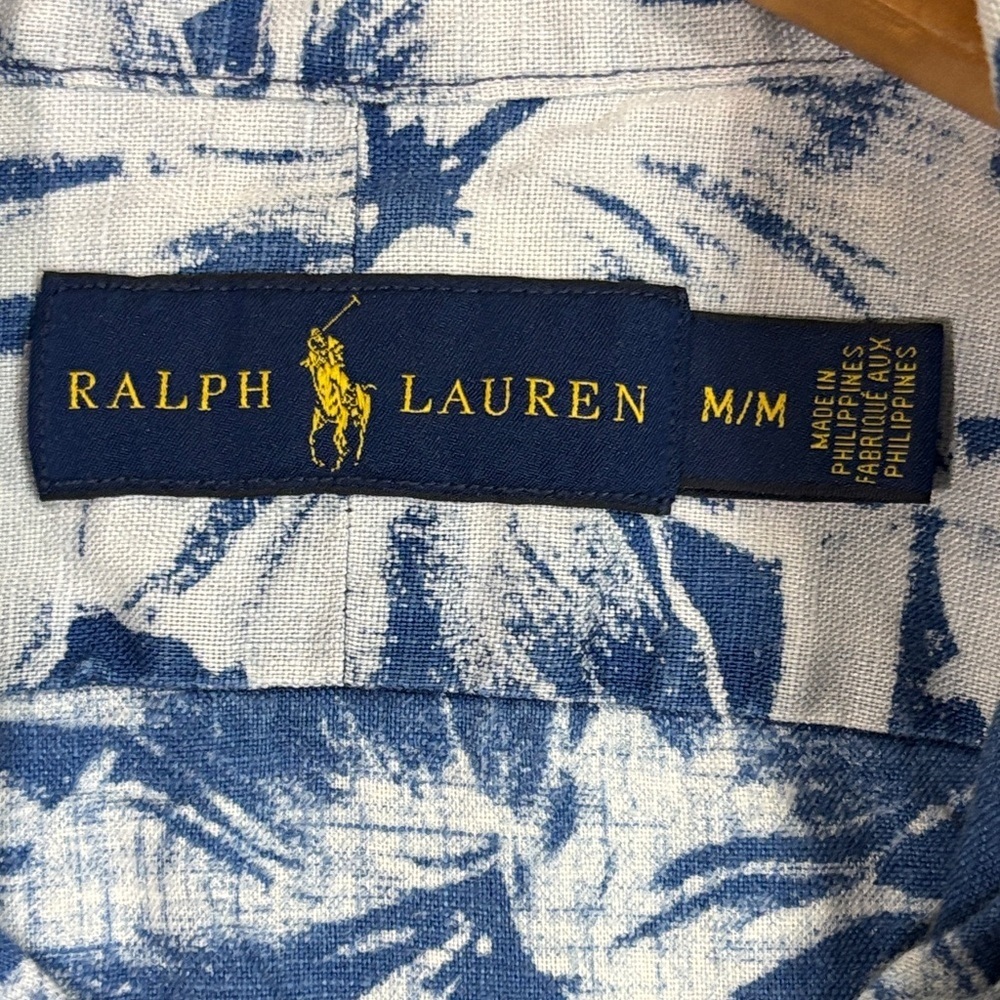 Ralph Lauren Blue White Tropical Floral Linen Short Sleeve Button Up Shirt M - Picture 2 of 5